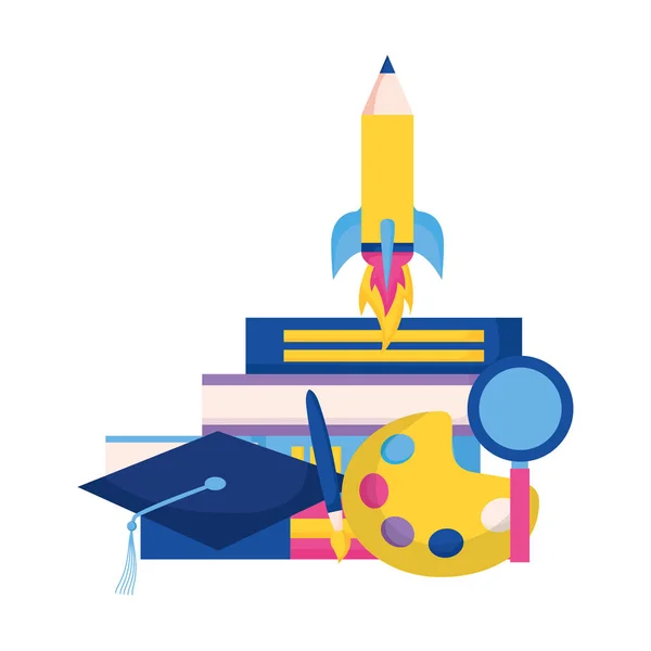 Rocket Pencil Books Graduation Hat Education School Vector Illustration — Stock Vector