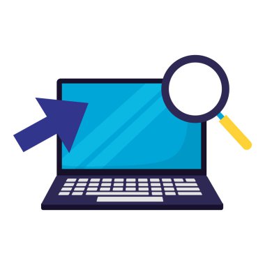 dizüstü bilgisayar büyüteç ve ok vektör çizim