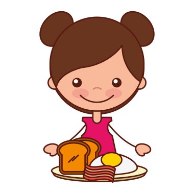 Kız kahvaltı kızarmış yumurta pastırma ve ekmek vektör çizim