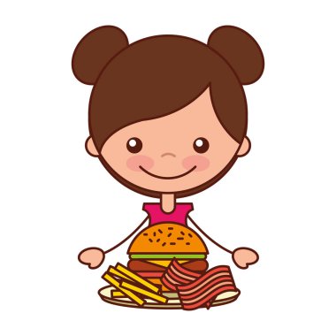 burger pastırma ve patates kızartması vektör çizim ile kız