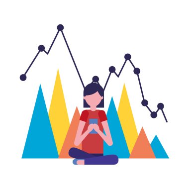 Grafik rapor vektör çizim ile mobil kullanan kadın