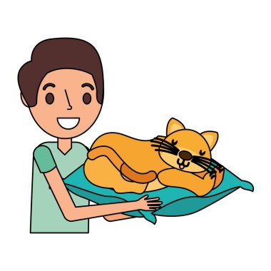 adam holding kedi yastık vektör çizim ile