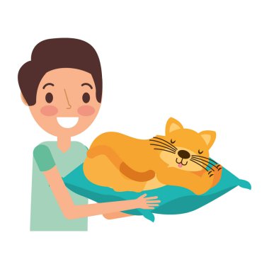 adam holding kedi yastık vektör çizim ile