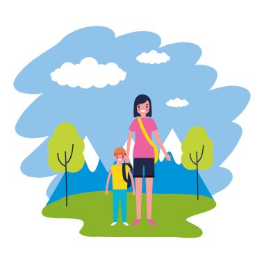 kadın ve oğlu dağlar ağaçlar tatil vektör çizim seyahat