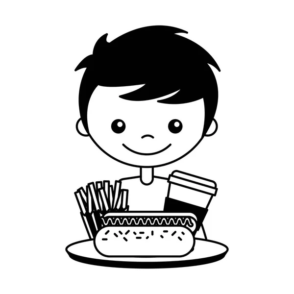 Αγόρι Σόδα Χοτ Ντογκ Και Τηγανιτές Πατάτες Εικονογράφηση Διάνυσμα — Διανυσματικό Αρχείο
