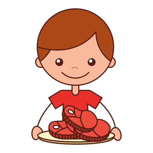 スライス肉ディナー ベクトル図を持つ少年 — ストックベクタ