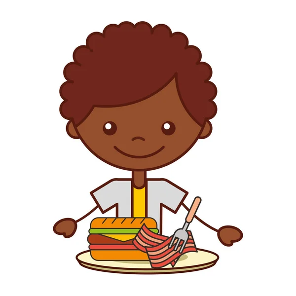 Junge Mit Dinner Sandwich Und Speckvektorillustration — Stockvektor