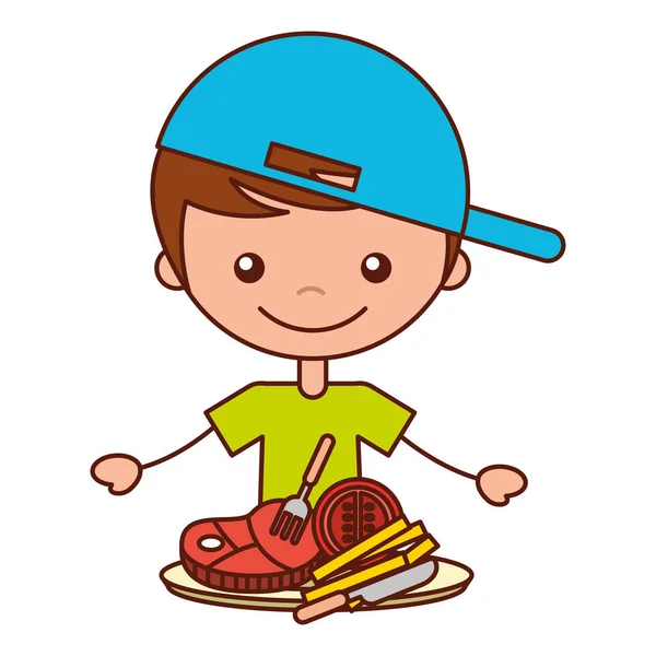 Niño Con Carne Papas Fritas Tomate Vector Ilustración — Vector de stock