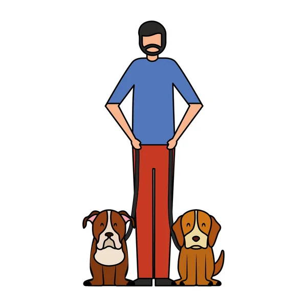 Vousy Muž Který Držel Dva Psy Vektorové Ilustrace — Stockový vektor
