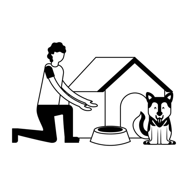 Man Hond Huis Voedsel Kom Vectorillustratie — Stockvector