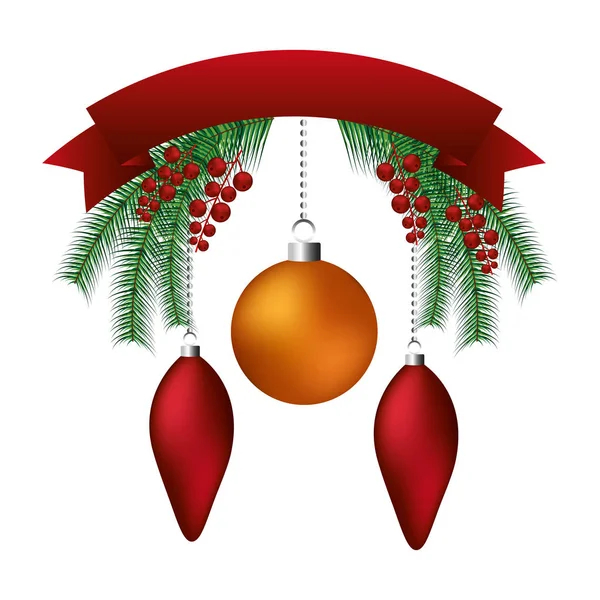 Zlatý Míč Větve Stuha Šťastné Vánoční Dekorace Vektorové Ilustrace — Stockový vektor