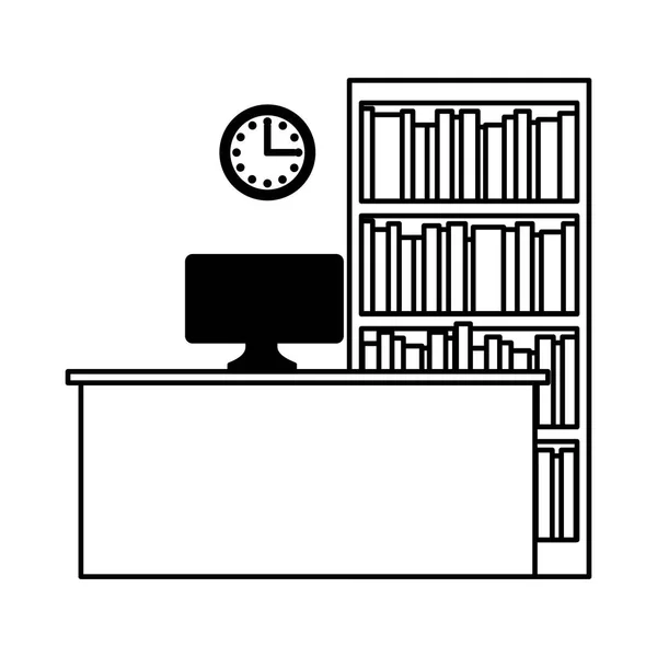 Workplace Computer Clock Bookshelf Books Vector Illustration Vector Illustration — Stock Vector