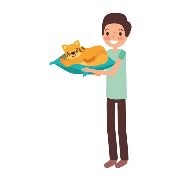 Hombre Celebración Gato Con Cojín Vector Ilustración — Vector de stock