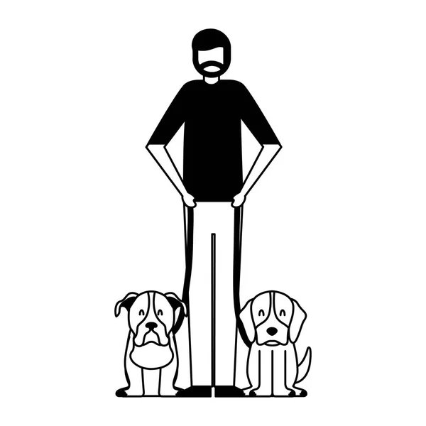 Vousy Muž Který Držel Dva Psy Vektorové Ilustrace — Stockový vektor