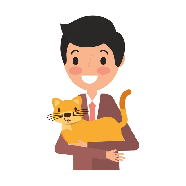 Sonriente Hombre Celebración Mascota Gato Vector Ilustración — Vector de stock