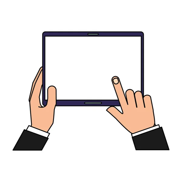 Handen Met Tablet Computer Gadget Vectorillustratie — Stockvector