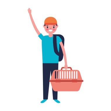 Genç adam holding evde beslenen hayvan kafesi