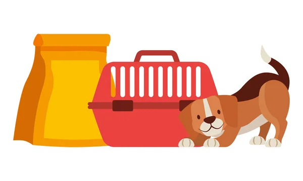 Beagle dog with cage and food bag — Stock Vector