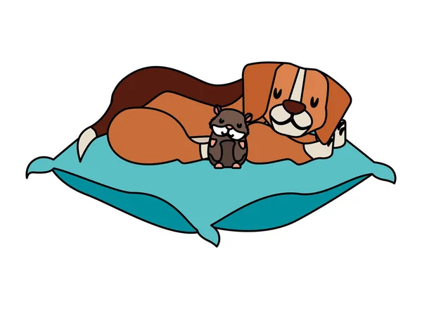 Perro beagle y mascota hámster en cojín — Vector de stock