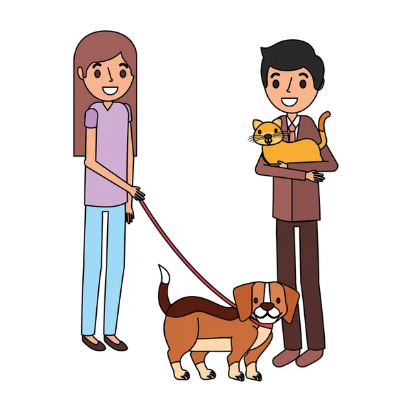 Hombre con gato y chica sosteniendo perro — Vector de stock