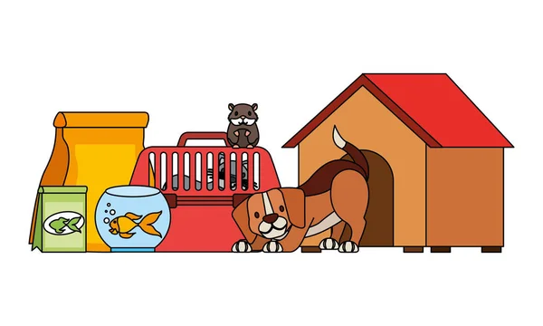 Perro hámster y gato en jaula comida casa mascota — Vector de stock
