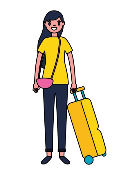 Turista mujer con viaje maleta vacaciones — Vector de stock