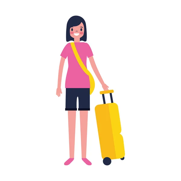 Turista mujer con viaje maleta vacaciones — Vector de stock