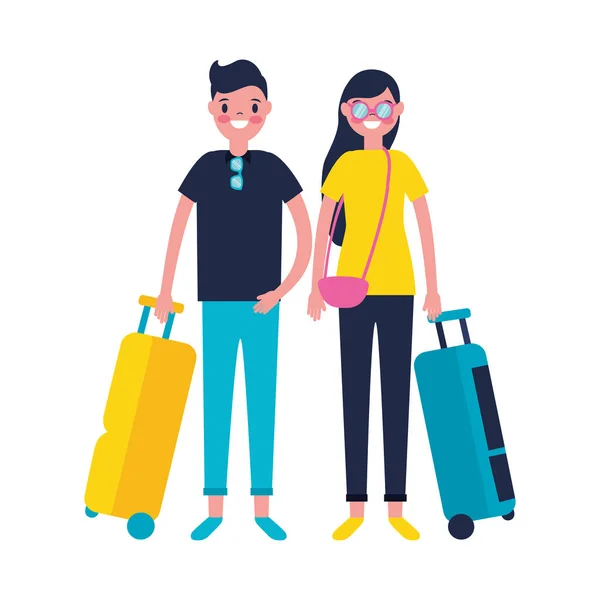 Pareja de turistas con vacaciones de viaje bolsa — Vector de stock