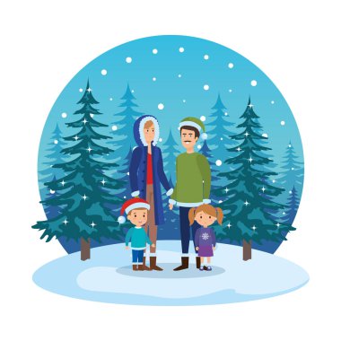 Ebeveynler ile çocuklar ve kış giysileri içinde çimen çift