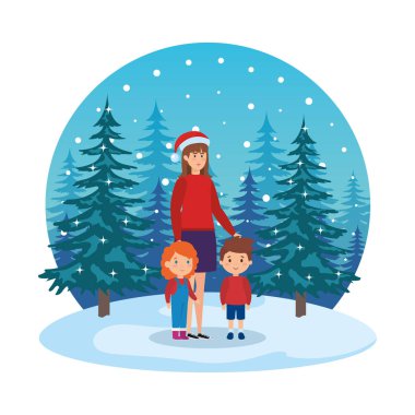 Anne ve çocuklar çimen Noel giysileri ile