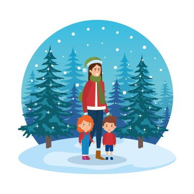 Anne ve çocuklar çimen Noel giysileri ile