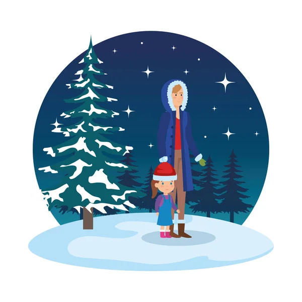 Moeder en dochter met winter kleding in snowscape — Stockvector