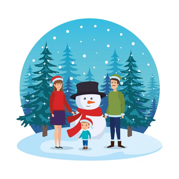 Padres pareja con niños y muñeco de nieve en paisaje de nieve — Vector de stock