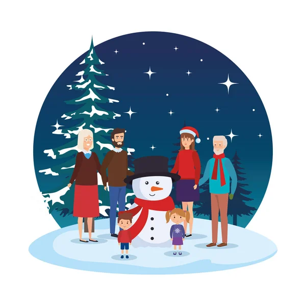 Miembros de la familia con muñeco de nieve en paisaje de nieve — Vector de stock