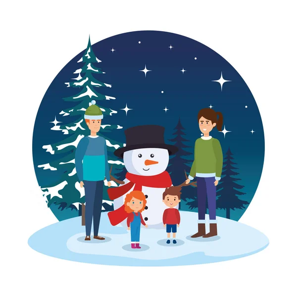 Parents couple with kids and snowman in snowscape — Stock Vector