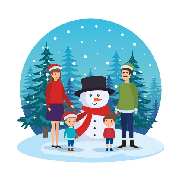 Parents couple with kids and snowman in snowscape — Stock Vector