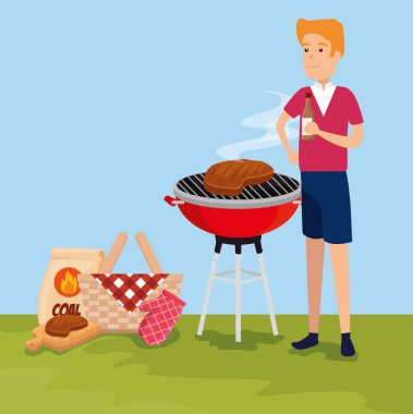 adam et yemek ızgara ve kirli çamaşırlık