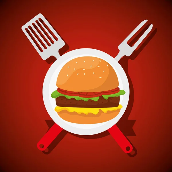 Hamburger food with fork and slice utensils — Stock Vector