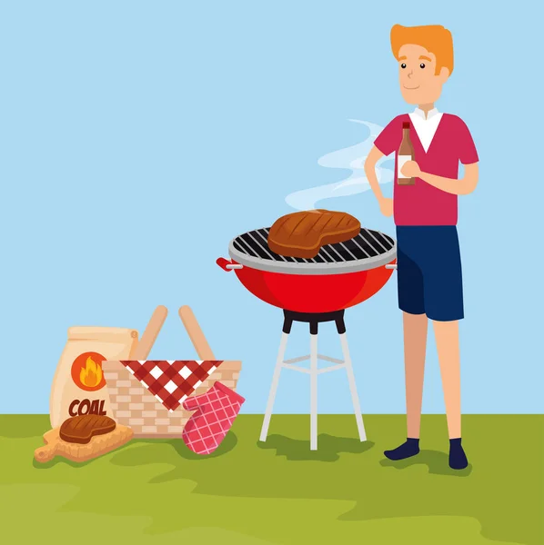 Mannen med kött mat grill och korg — Stock vektor