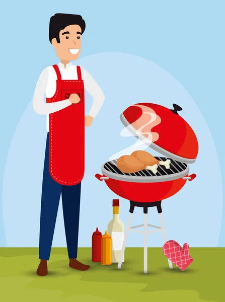 Homme avec cuisses grill avec barbecue et sauces — Image vectorielle