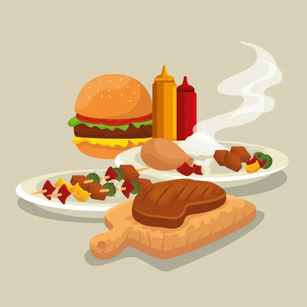 Hamburger with thigh and meat food to the bbq — Stock Vector