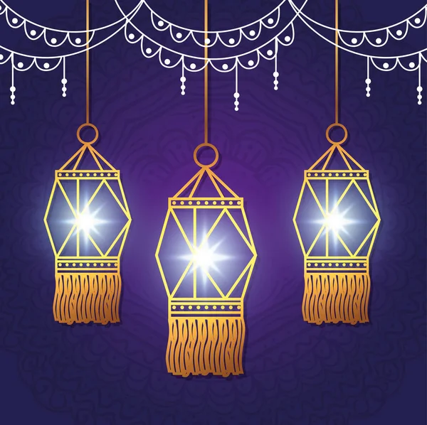 Festival de diwali feliz de luzes com lanternas —  Vetores de Stock