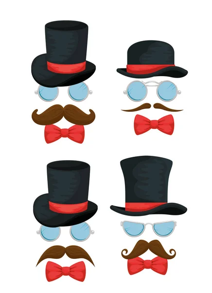 Conjunto de chapéus com óculos acessórios e estilo bigodes — Vetor de Stock