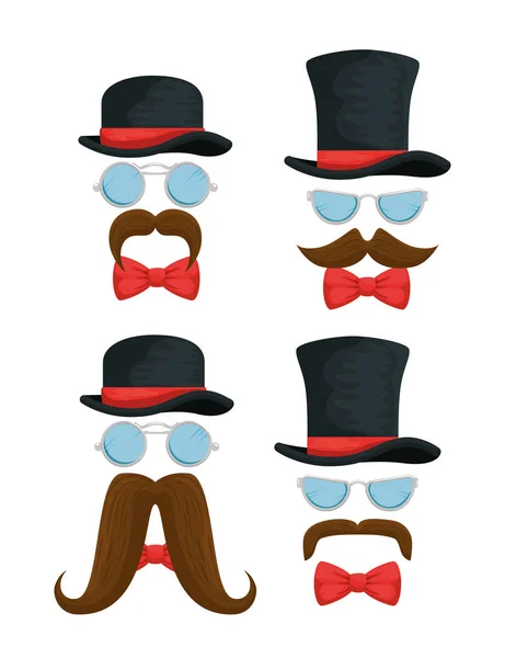 Set hats with glasses and tie bow accessories — Stock Vector