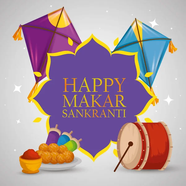 Makar sankranti emblem med mat och drakar — Stock vektor