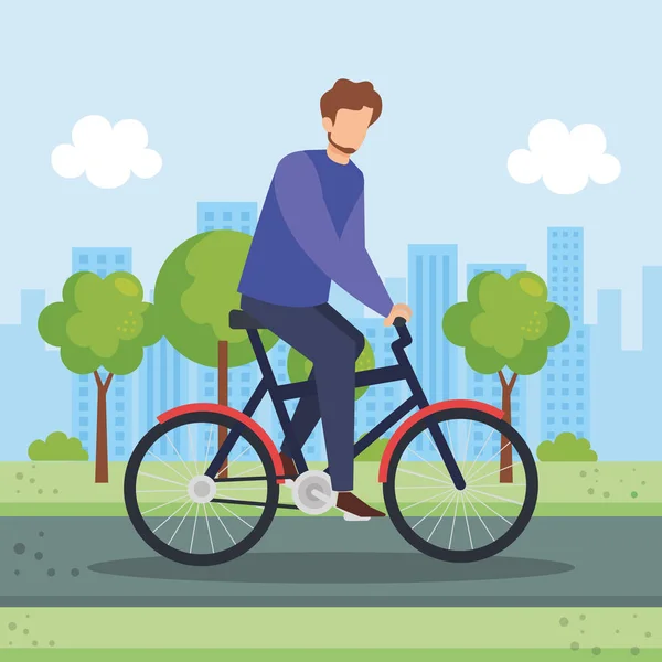 在公园里骑自行车的年轻人 — 图库矢量图片