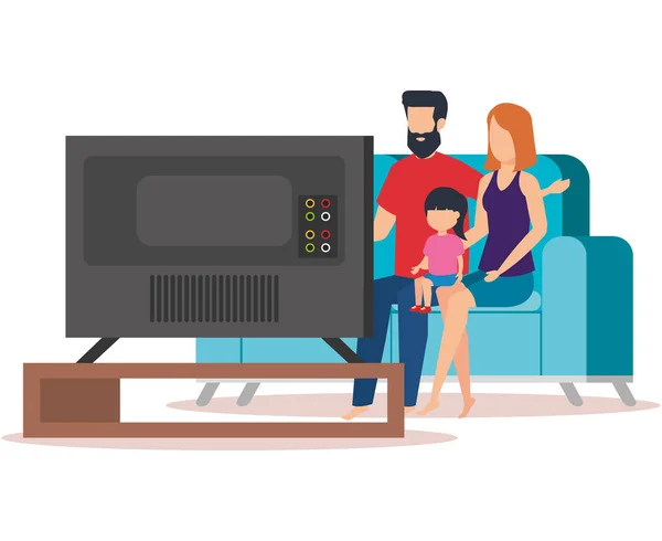 Parents couple with daughter waching tv — Stock Vector