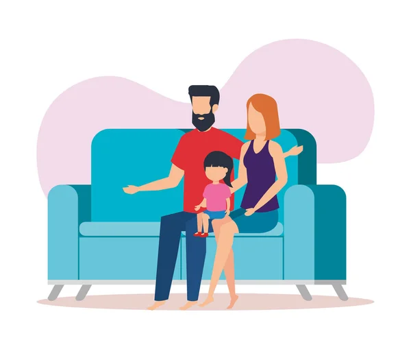 Parents couple with daughter in the sofa — Stock Vector