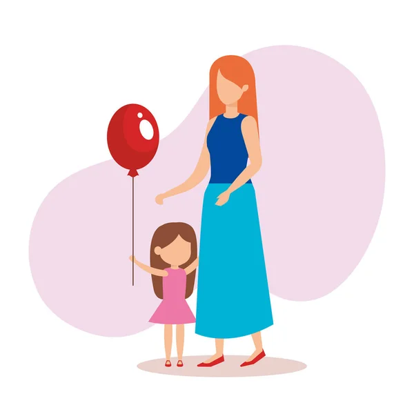 母亲与女儿和气球氦 — 图库矢量图片