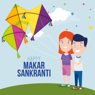 oğlan ve kız uçurtma ile makar sankranti kutlamak için